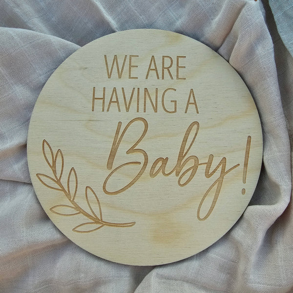 We are having a baby! Engraved Disc - Leaf